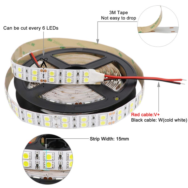 LEDENETÂ® LED Strip Lights Daylight White 6500K SMD 5050 Double Row 600LEDs DC 12V Cold White Dimmable Flexible LED Tape Lights 16.4Ft Non-Waterproof for Bedroom Kitchen Under Cabinet - Image 5